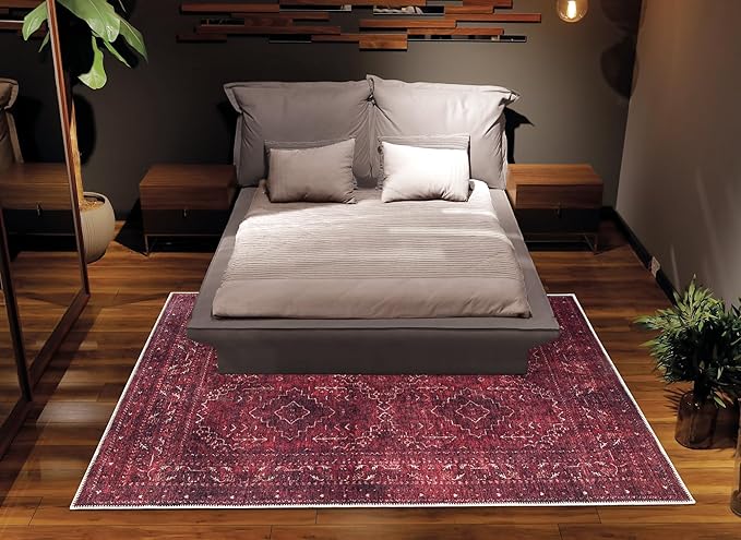 Bloom Rugs Washable Non-Slip 4' x 6' Rug - Dark Red Traditional Bordered Area Rug for Living Room, Bedroom, Dining Room, and Kitchen - Exact Size: 4' x 6'