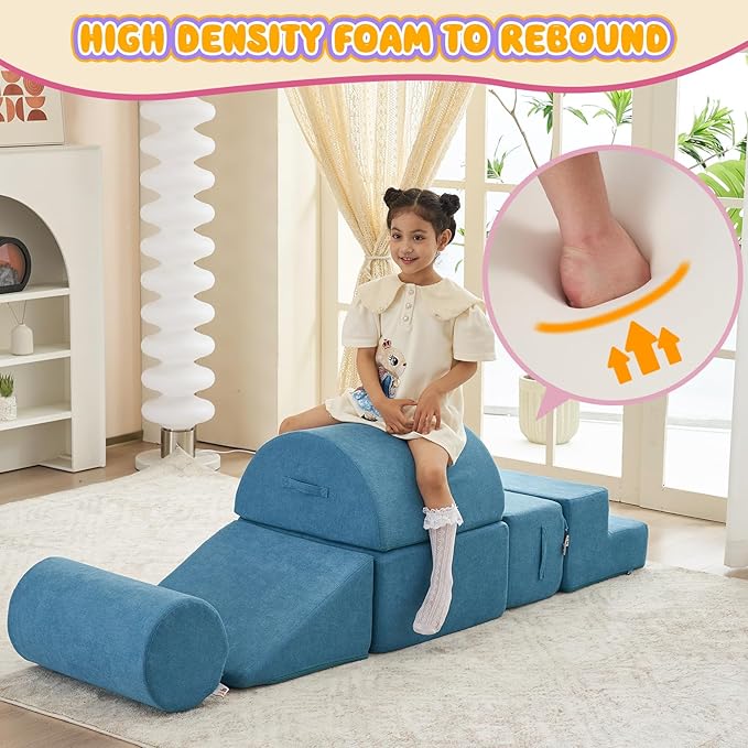 jela Kids Foam Climbing Blocks 6Pcs Soft Play, Toddler Climbing Toys Indoor Soft Play ClimbingSet, Lightweight Climbing Blocks for Babies, Crawling Foam Playset for Toddlers (Miss Fabric Teal)