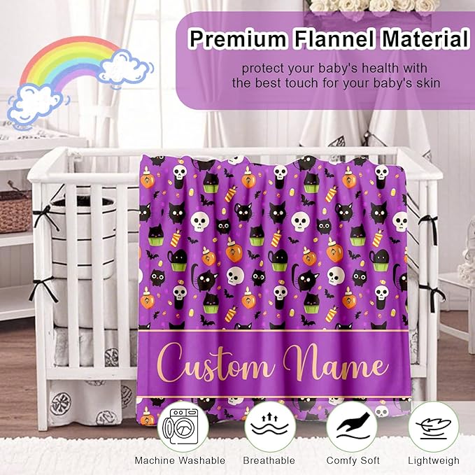 Ship Next Day, Personalized Halloween Blanket for Boys Girls - Printed in USA, Custom Baby Blanket with Name Super Soft Plush Flannel, Halloween Decor Christmas Brithday Gifts for Kids Toddlers