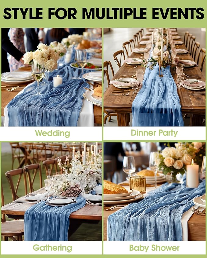 Pureegg 3-Pack Cheese Cloths Table Runner, 120'' Boho Table Cloth Decorations for Party, Baby Shower, Wedding and Farmhouse, Fabric Room Decor, Dusty Blue