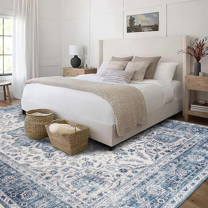 ReaLife Rugs Machine Washable Area Rug Runner - Living Room Bedroom Bathroom Kitchen Entryway Office - Padded Low Pile Stain Resistant Premium - Boho Farmhouse Vintage - Joy - Blue Ivory 3' x 5'