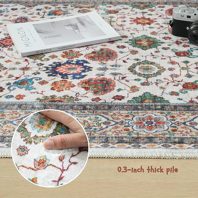 Area Rugs 8x10 for Living Room Clearance, Machine Washable Boho Rug, Non Slip Vintage Low Pile Large Carpet for Bedroom, Farmhouse, Dining Room, Kids Playroom (Colorful)