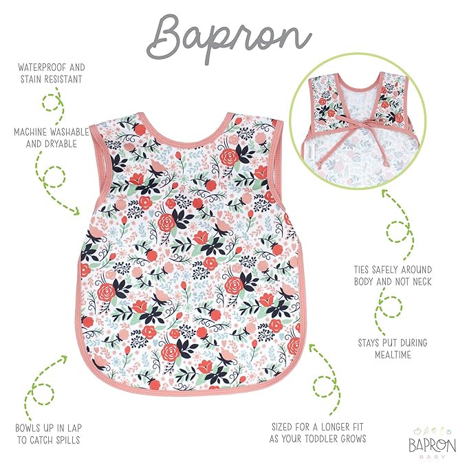 BapronBaby Vintage Rose Bapron - No Neck Tie Safer Bib for Baby & Toddler - Soft Waterproof Stain Resistant - Machine Washable - Sz Preschool 3-5yrs