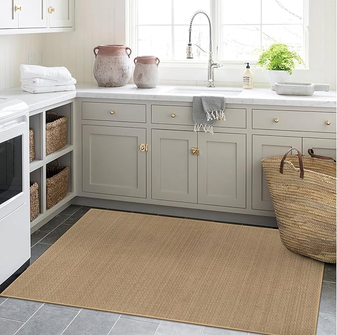 Wonnitar Washable Door Mat Indoor Entrance, 2x3 Braided Rugs Rubber Backed Kitchen Mats for Floor, Woven Neutral Rug Absorbent Non Slip Bathroom Rugs Floor Carpet for Front Door Kitchen(Beige,2'x3')