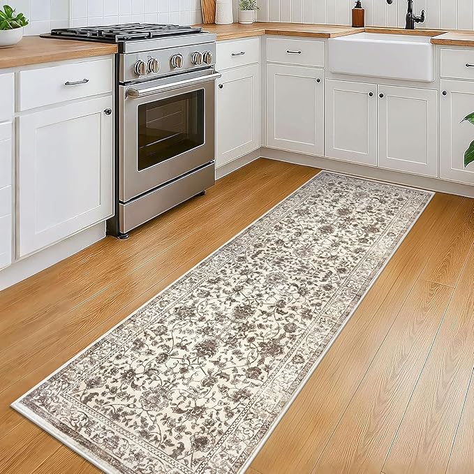 KILOCOCO Hallway Runner 2x6 Rug Runner Printed Vintage Floral Washable Kitchen Runners Non-Slip Rubber Backed Runners for Hallways Laundry Room Distressed Boho Rugs for Entryway Bedroom, Beige/Brown