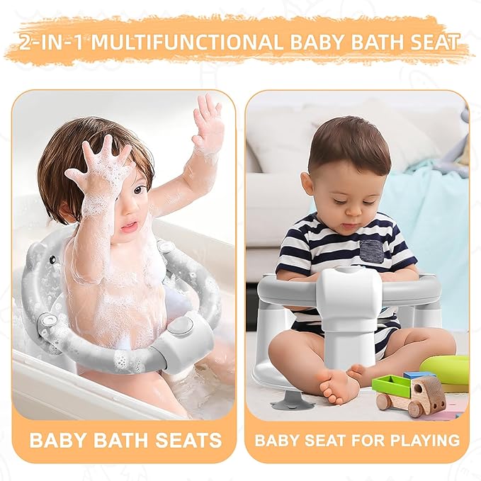 Baby Bath Seat for Babies 6 Months & Up, Toddler Bath Seats for Babies Sitting Up, Non-Slip Infant Bath Tub Chair with 4 Suction Cups & Soft Cushion for Shower, Compact Toddler Bathtub Seat, Gray