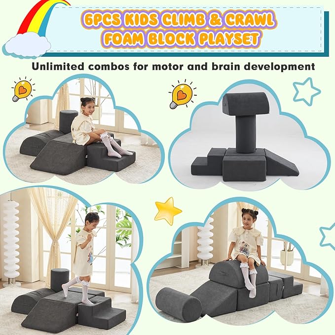 jela Kids Foam Climbing Blocks 6Pcs Soft Play Equipment, Toddler Climbing Toys Indoor Soft Play Climbing Set, Lightweight Climbing Blocks for Babies, Crawling Foam Playset (Miss Fabric Darkgrey)