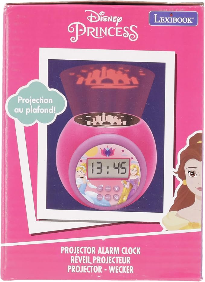 LEXIBOOK Projector Clock Disney Princess with Snooze Alarm Function, Night Light with Timer, LCD Screen, Battery Operated, Pink