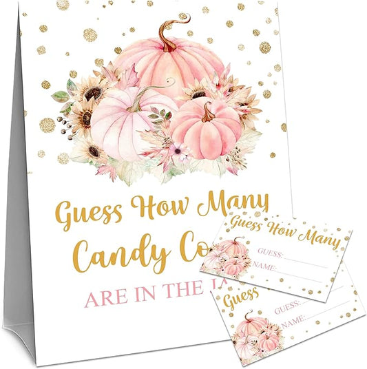 Thanksgiving How Many Candy Corns Are In The Jar - 1 Standing Sign & 50 Guessing Cards - Autumn Pumpkin Party Game & Decoration For Boys, Girls, Adults - Baby Shower, Birthday Game Set - A02