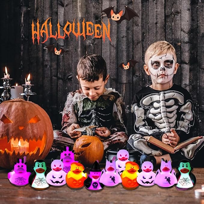 12PCS Halloween Light up Rubber Duck Glow in The Dark Pumpkin Skeleton Spider Bat Witch Duck Bathtub Toy for Kid Halloween Party Favor