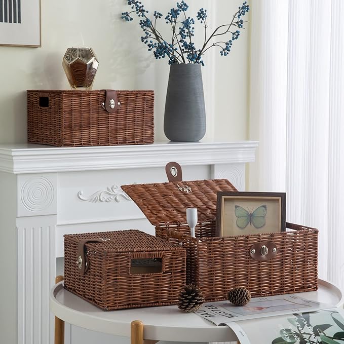 Set of 3 Woven Wicker Storage Basket Box with Lid & Lock, Built-in Carry Handles, Multifunctional Storage Organiser for Nursery, Baby, Clothes, Toys, Books, Large/Medium/Small Size (Natural)