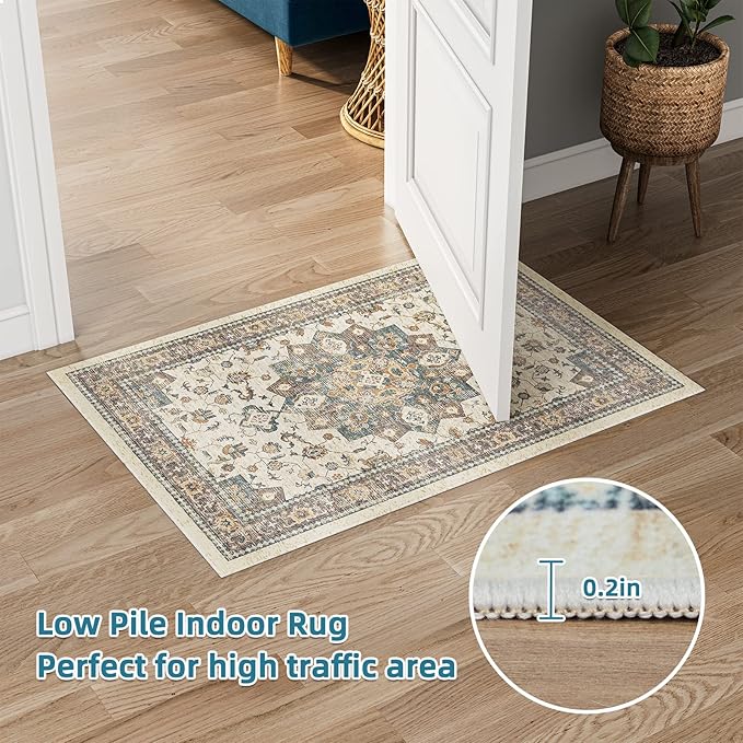 Dripex Vintage Collection Washable Area Rug - 2x3 Door Mat Small Entryway Rug Distressed Non-Slip Low-Pile Floor Carpet for Indoor Front Entrance Kitchen Bathroom Living Room Bedroom