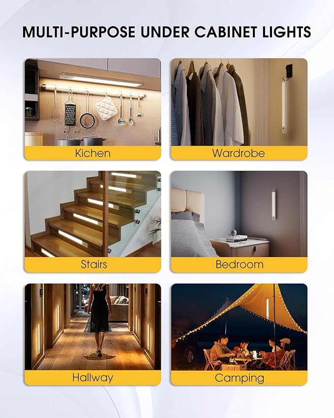 12 Inch Under Cabinet Lighting, 3Pack 5CCT Dimmable Closet Lights, Motion Sensor LED Lights of Battery Operated, Rechargeable Under Counter Light for Kitchen, Stairs, Bedroom, Wardrobe