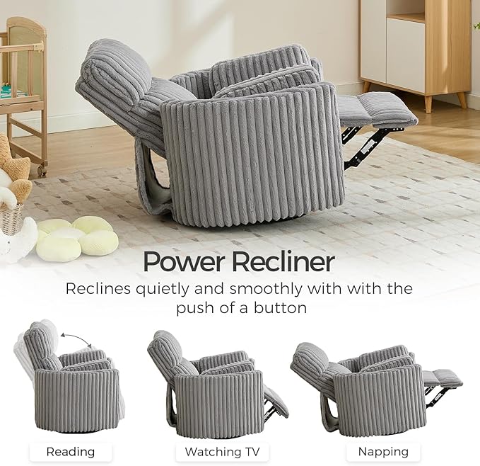 Power Swivel Glider Rocking Recliner Nursery Chair with 2 Pillows, Electric Rocker Reclining Chairs with Type-C & USB Charger Port for Living Room, High Back Barrel Armchair for Bedroom,Corduroy, Grey