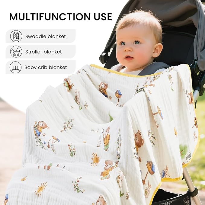 Luxury Muslin Baby Blanket, Cozy Swaddle, 6-Layer Cotton Receiving Blanket for Newborn Infant, 43x43 Inch Lightweight Breathable Crib Blanket, Nursery Stroller Toddler Quilt, Bear Print