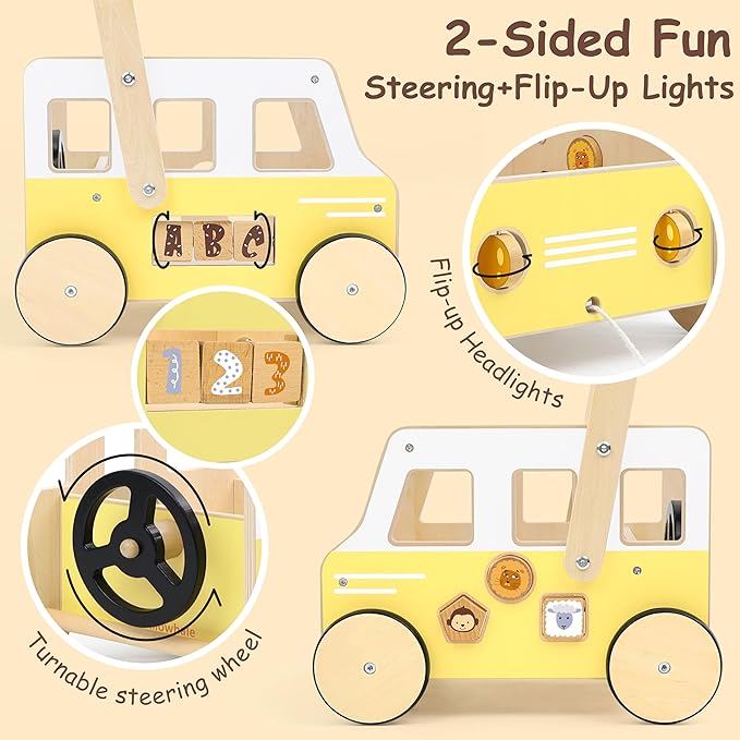 Wooden Baby Push Walker – Montessori Walker & Activity Push Toy with Steering Wheel + Rotating Headlights | Balance Trainer for Toddlers 1‑3 Years