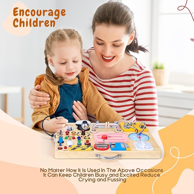 25 in 1 Busy Board with 13 LED Light Switches and 12 Activity, Montessori Toys for 1 2 3 Years Old, Wooden Sensory Board, Toddlers Travel Toys for 1+ Year Old Boy & Girl Birthday Gift（Extra-Large）