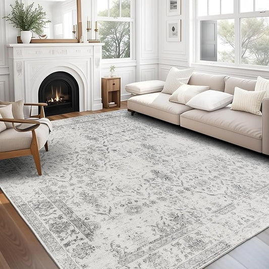 ReaLife Rugs Machine Washable Area Rug Runner - Living Room Bedroom Bathroom Kitchen Entryway Office - Padded Low Pile Stain Resistant Premium - Boho Farmhouse Vintage - Noor - Ivory Grey 3' x 5'
