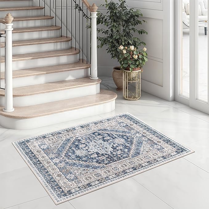 zesthome 2x3 Entryway Rug, Soft Washable Rugs, Non Slip Area Rug, Stain Resistant Low Pile Rugs for Bedroom, Vintage Rug for Door Mat, Kitchen (Blue/Beige,2'x3')