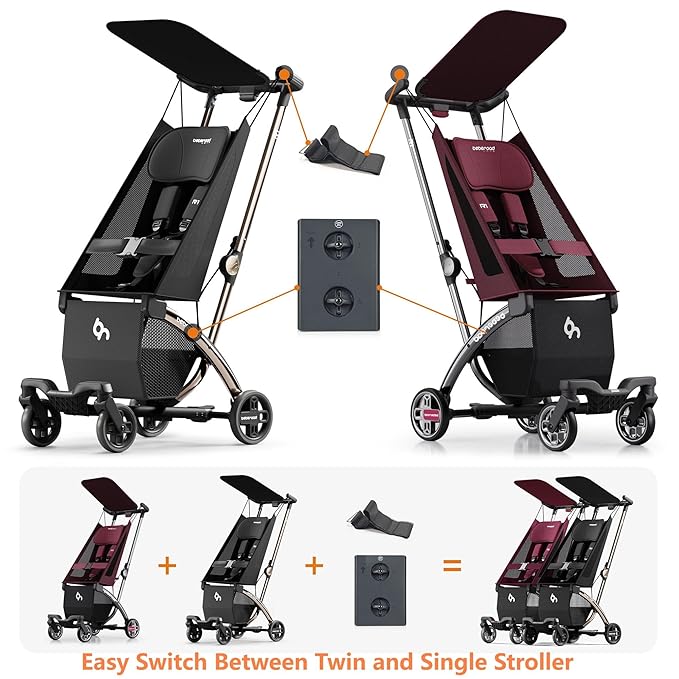 Beberoad Love R1 Auto-Folding Ultra Lightweight Double Stroller Twin Strollers, Side by Side Stroller for Babies Aged 6-36 Months, Only 23.5 lbs, Can Turn into Two Single Strollers, Red and Black