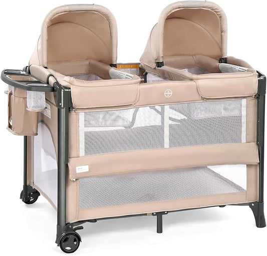 JOYMOR Twin Bassinet for Baby, Beige Bedside Bassinet, Convertible to Bedside Sleeper and Playpen, with Wheel, Brake, Foldable Side Sleeper,Beige