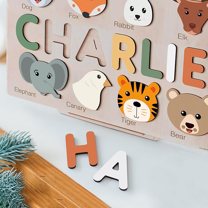 Custom Name Puzzle for Toddlers 1-3, 1 Year Old Girl Gifts, 1st Birthday Gifts Boy, ABC Wooden Puzzle Animals and Alphabet Learning Puzzles Toys for Babies, Preschool Montessori Toys
