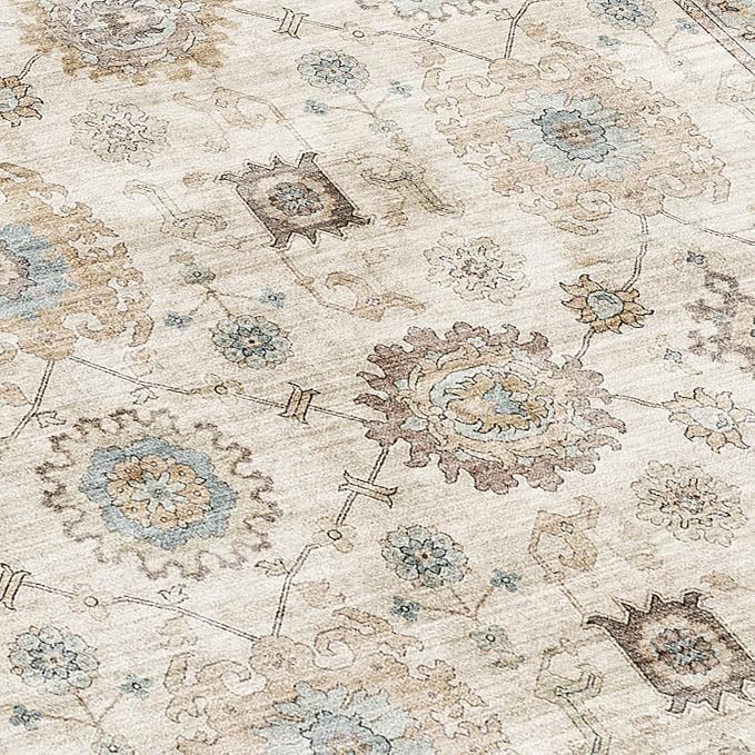 ReaLife Rugs Machine Washable Area Rug - Living Room Bedroom Bathroom Kitchen Entryway Office - Padded Low Pile Stain Resistant Premium - Boho Farmhouse Vintage - Bryn - Beige Seafoam 5' x 7'
