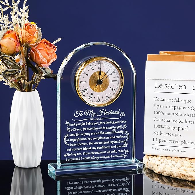 Glass Clock Gifts for Husband from Wife Personalized Gift for Husband Who Has Everything on Birthday Anniversary, Presents for Him on Christmas Home Desk Clock