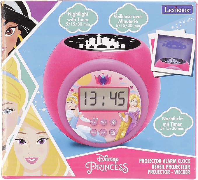 LEXIBOOK Projector Clock Disney Princess with Snooze Alarm Function, Night Light with Timer, LCD Screen, Battery Operated, Pink