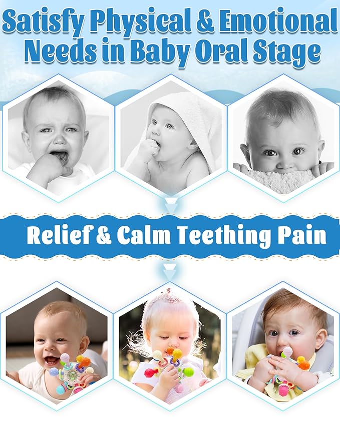 Baby Teething Toys for Babies Girl Toys Gifts, Rattles Chew Sensory Montessori Toys for Newborn Infants, Tummy Time Shower Gifts for Babies - Pink