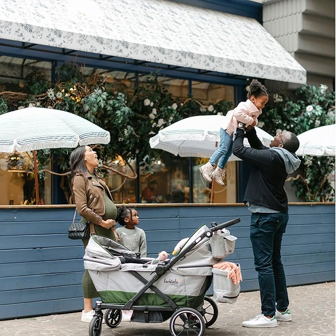 Larktale Caravan Coupe Quad, Compact Stroller Wagon with Reclining Seats for 4 Kids, Gray/Green