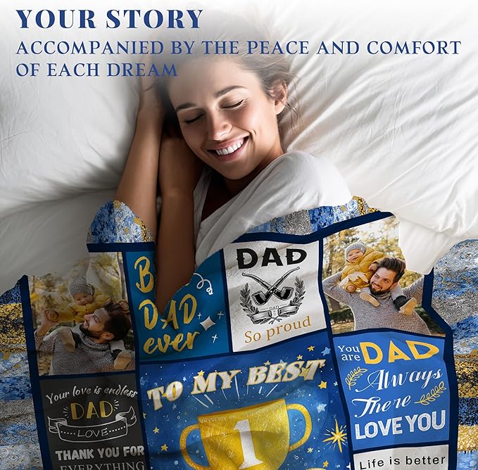 Personalized Fathers Day Birthday for Dad Custom Throw Blanket with Pictures, Customized Photo Blankets Gift for Daddy Men Grandpa Husband from Daughter Son Kids Wife (Bule Grid dad)