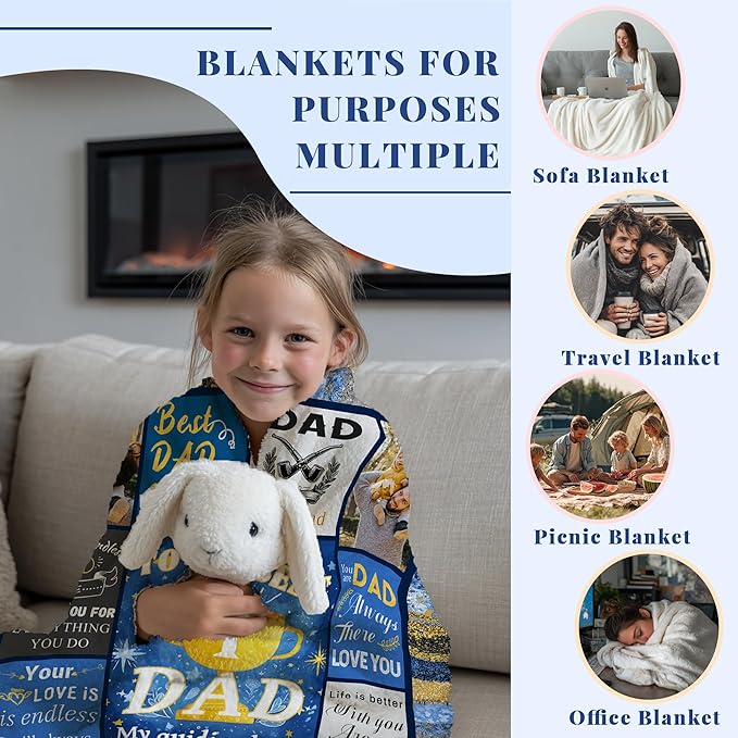 Personalized Fathers Day Birthday for Dad Custom Throw Blanket with Pictures, Customized Photo Blankets Gift for Daddy Men Grandpa Husband from Daughter Son Kids Wife (Bule Grid dad)