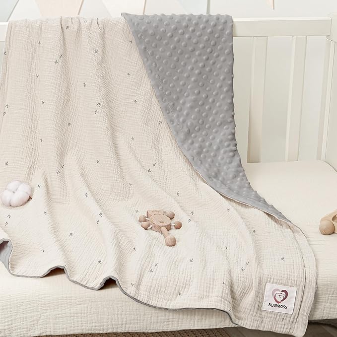 Bearmoss Baby Blankets for Unisex Boys Girls, Soft Nursery Crib Blankets with Muslin Cotton Front and Dotted Fleece Back for Newborns Toddlers 30x40inch (Cute Bud)