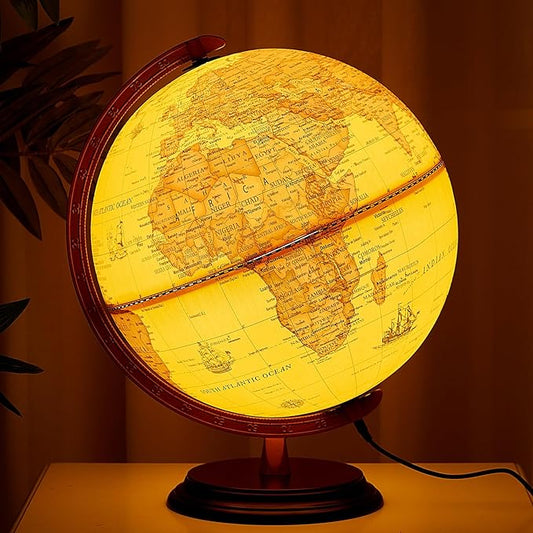Amylove 13'' Illuminated World Globe for Adults 720°/360° Rotation Rewritable Light Up Globe with Stand World Map for Interactive Learning Light with Base Lamp LED Decor(Wood,Vintage)