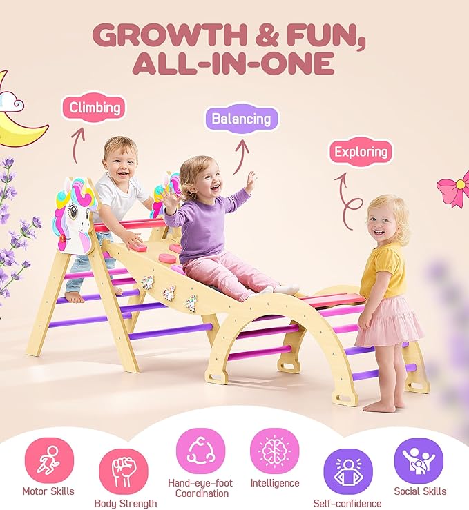 Pikler Triangle Climbing Set - 11-in-1 Foldable Montessori Climbing Toy for Toddler 18M-7Y, Wooden Indoor Jungle Gym with Arch&Ramp&Ladder, Kids Climbing Toys Playset for Playroom & Backyard