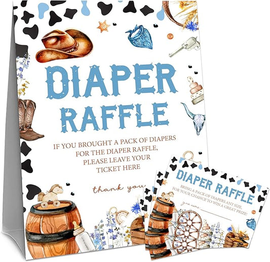 Western Cowboy Diaper Raffle Set For Baby Shower - 50 Raffle Tickets With 1 Standing Sign -Announcement, Gender Reveal Baby Shower Party Decoration Game Set - A07