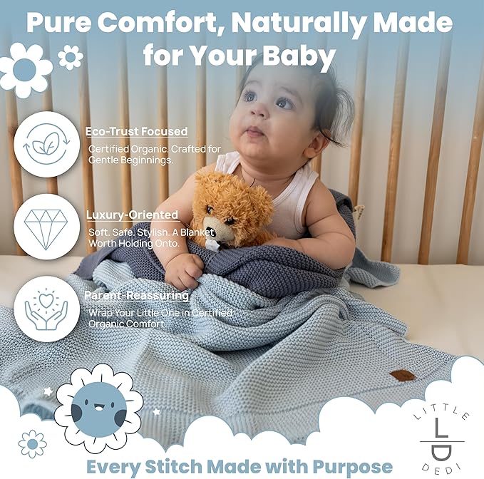 100% Organic Cotton Baby Knitted Blanket in Gift Box - Soft Toddler, Crib, Stroller Blanket - Neutral Swaddle and Receiving for Newborns, 30"x40", Baby Blue