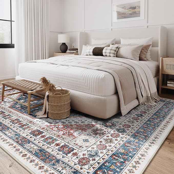 zesthome 8x10 Area Rugs for Living Room,Non-Slip Backing Washable Rugs,Vintage Large Area Rug，Stain Resistant Home Decor Rug (Navy Blue/Red,8'x10')