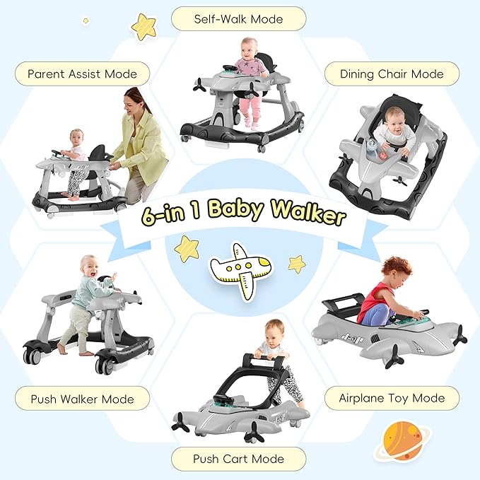 Xilingol 6-in-1 Baby Walker with Wheels, Adjustable Height & Speed Activity Walker with Padded Seat, Foldable Walker for Babies, Toddler Push Walkers for Boy & Girl 6-18 Months, Music & Light