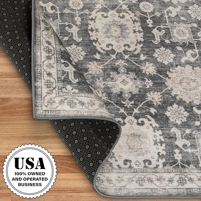 ReaLife Rugs Machine Washable Area Rug Runner - Living Room Bedroom Bathroom Kitchen Entryway - Padded Low Pile Stain Resistant Premium - Boho Farmhouse Vintage - Bryn - Gray Beige Ivory 3' x 5'