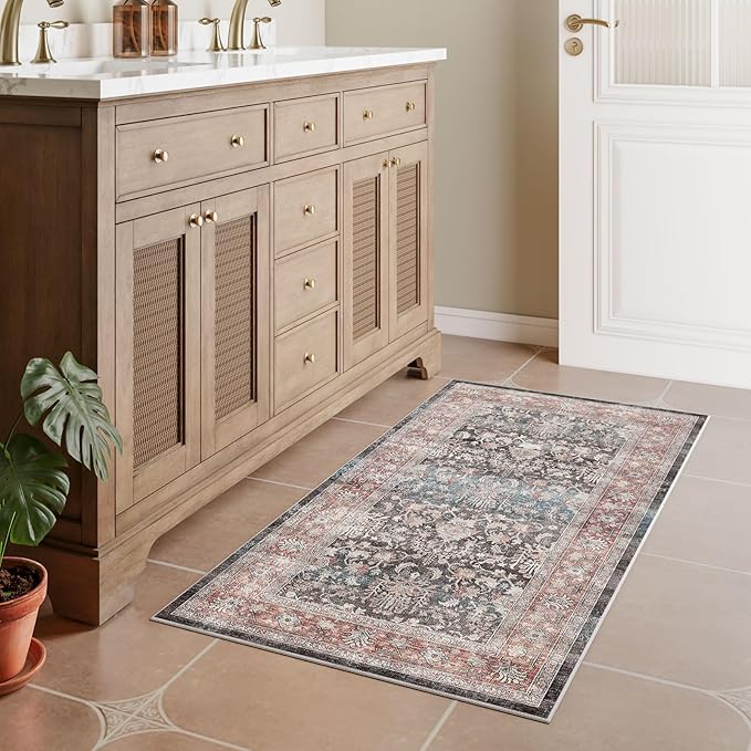 Dripex Vintage Washable Area Rug - 2x4 Indoor Door Mat Oriental Medallion Accent Throw Rug Distressed Foldable Non-Slip Low-Pile Bathroom Kitchen Rug for Entryway Laundry Room Living Room Bedroom