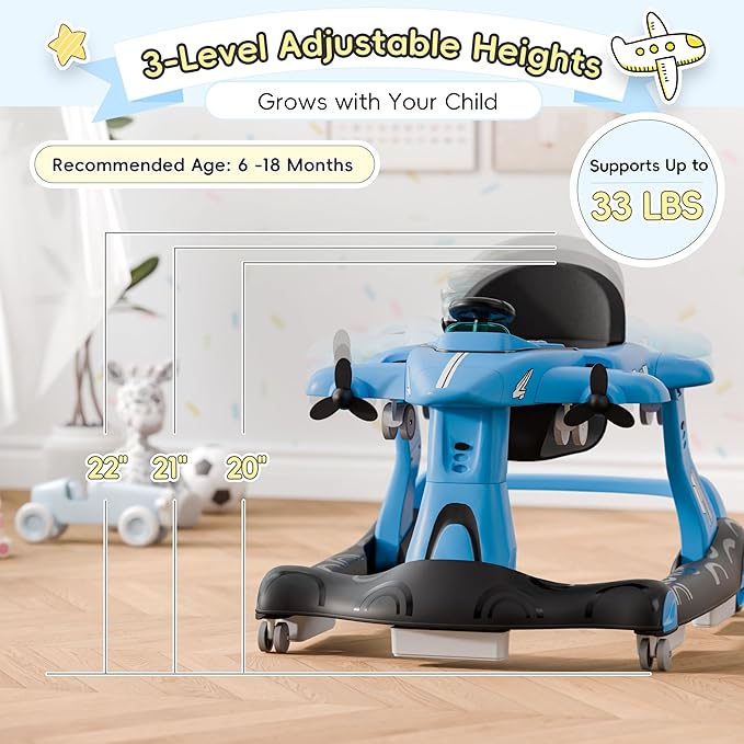 Xilingol 6-in-1 Baby Walker with Wheels, Adjustable Height & Speed Activity Walker with Padded Seat, Foldable Walker for Babies, Toddler Push Walkers for Boy & Girl 6-18 Months, Music & Light
