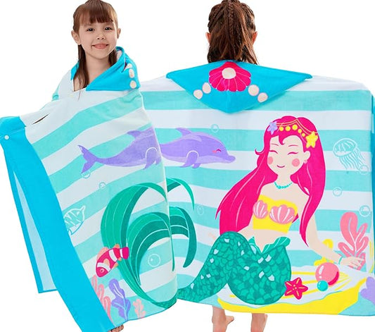 VOOVA & MOVAS Toddler Bath Towels Age 3-10, 30''X50,100% Cotton | Soft | Thick, Hooded Towel for Kids Girls, Perfect for Beach, Pool, Bath,Swim, Stripe Mermaid
