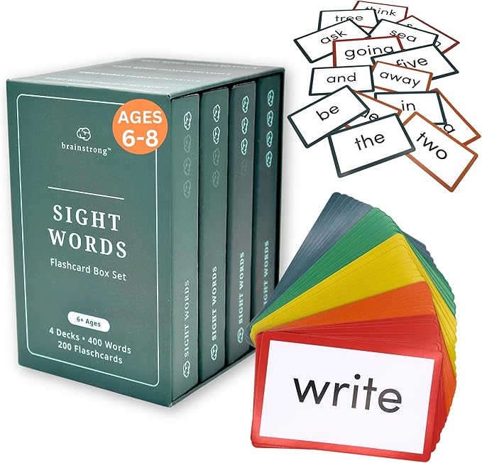 400 Essential Reading Sight Words | Ages 6-8 | Kindergarten - 2nd Grade Classroom Curriculum | Build Vocabulary & Reading Skills | Brainstrong Premium 4-Level Box Set | 200 Flashcards
