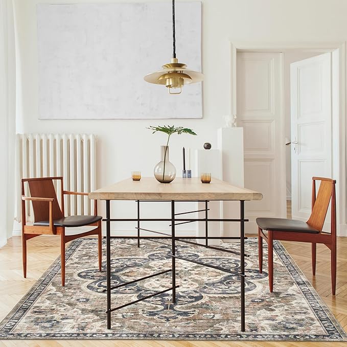 ReaLife Rugs Machine Washable Area Rug - Living Room Bedroom Bathroom Kitchen Entryway Office - Padded Low Pile Stain Resistant Premium - Boho Farmhouse Vintage - Joy - Brown Beige 7'6" x 9'6"