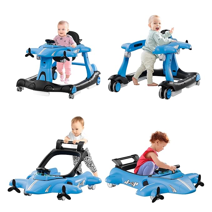 Xilingol 6-in-1 Baby Walker with Wheels, Adjustable Height & Speed Activity Walker with Padded Seat, Foldable Walker for Babies, Toddler Push Walkers for Boy & Girl 6-18 Months, Music & Light