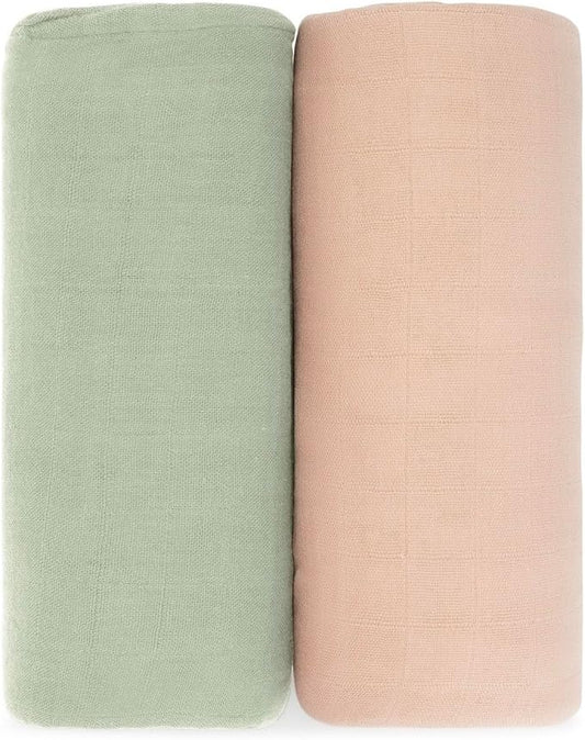Comfy Cubs Muslin Swaddle Blankets Pack of 2 - 47 x 47 Inch Soft Cotton Baby Blanket Set, Large Multipurpose Wraps for Newborns - Self-Soothing Swaddles for Newborns - Sage & Blush