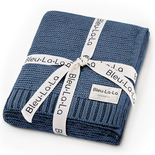 Heritage Knit Organic Cotton Receiving Swaddle Blanket for Boys - 100% Organic Soft Luxury Cotton Warm Cuddle Swaddling Blanket for Newborns Infants Toddler (0-2Yrs - Denim Blue)