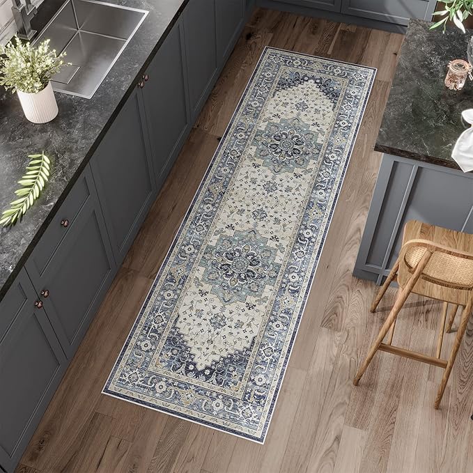 Dripex Kitchen Runner Rug-2x6 Washable Distressed Hallway Runner Oriental Medallion Carpet Non-Slip Non-Shedding Laundry Mat Foldable Thin Entry Throw Area Rug for Living Room Bedroom